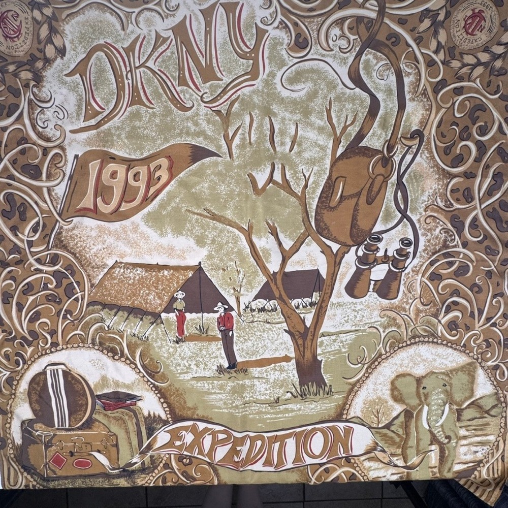 Vintage DKNY 1993 Expedition Scarf Safari Elephant Tan Brown Leopard Border
